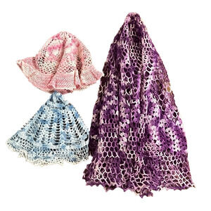 Vintage 3pc Lot Large Round Crochet Handmade Doilies Purple Pink Blue Heirloom